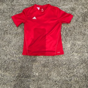 Röd t-shirt från Adidas - Säljer en röd sportig t-shirt från Adidas med vit logga på bröstet. T-shirten har korta ärmar och är tillverkad i ett lätt och syntetiskt material, perfekt för träning eller fotboll.