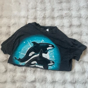 Svart t-shirt med späckhuggarmotiv - Cool svart t-shirt med stort tryck av två späckhuggare mot en blå bakgrund. T-shirten har rund hals och korta ärmar, perfekt för dig som gillar djurmotiv och önskar att ha en perfekt tröja till sommaren. 