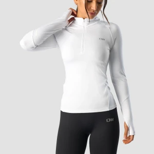 Vit långärmad träningströja ICIW - Supersnygg vit långärmad träningströja från ICIW med half zip och tumhål i ärmsluten. Tight passform och hög krage, perfekt för löpning eller gym. Materialet är stretchigt och andas, vilket gör den grymt skön under träning. Aldrig använd, ser ut som på bilden