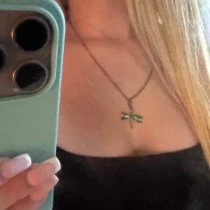 Halsband med grön trollslända:) - Unikt halsband med en detaljrik trollslända som hänge. Kedjan är i metall med bronsfärgad ton och har ett klassiskt lås. Trollsländan har vingar i grönt och blått med fina mönster som ger en cool och naturinspirerad känslaaa