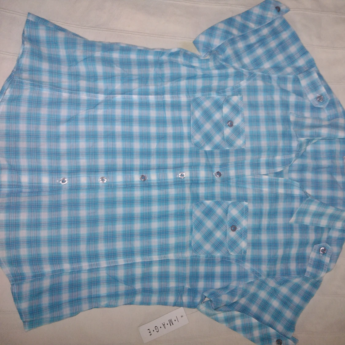 Oanvänd Y2K blåvit rutig kortärmad skjorta IMAGE - 1