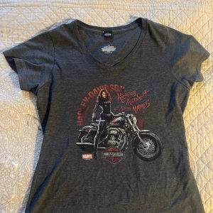 Harley-Davidson x Marvel t-shirt grå - Mörkgrå t-shirt med Marvel-tryck och Harley-Davidson-logga. Snygg v-ringning och coolt motiv med motorcykel och texten 'Kicking Asphalt and Taking Names'. Tryck även på ryggen. Skön mix av bomull och polyester.