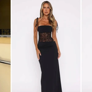 Svart långklänning med spetsdetaljer och smala axelband - Säljer en svart långklänning med smala axelband och transparent spets över midjan. Klänningen har figurnära passform upptill och rak kjol.  Helt ny aldrig använd 