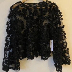 Svart transparent blus med 3D-blommor från Gina Tricot - Säljer en svart transparent blus från Gina Tricot med 3D-blommor över hela tyget. Blusen har lång ärm och är croppad i modellen. Perfekt för dig som vill sticka ut med en unik och trendig topp.
