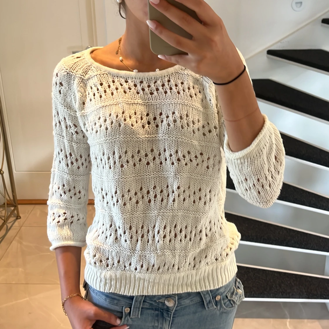 Trekvartsärmad Stickad Topp