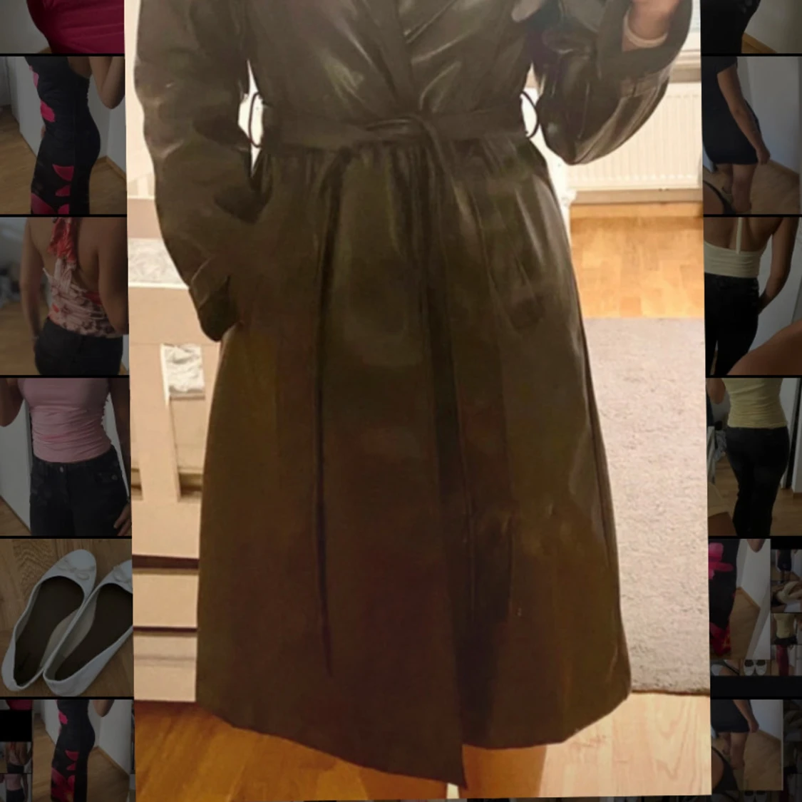 Svart lång skinn trenchcoat med bälte - 1