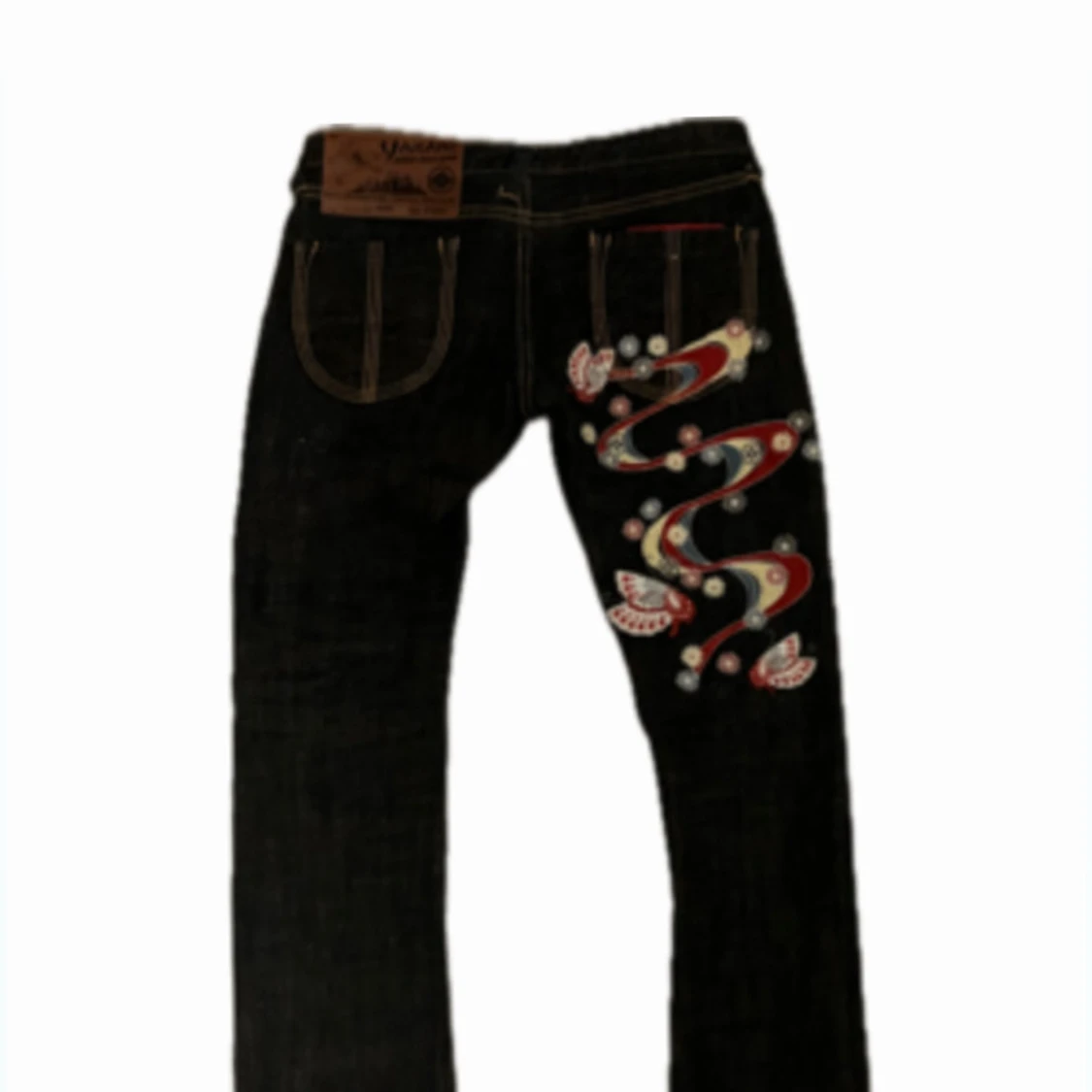 Mörkblåa Selvedge-jeans med broderade fjärilar - 1