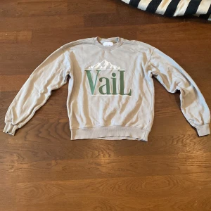 Grå sweatshirt med Vail-tryck - Säljer en grå swetshirt med grönt Vail-tryck och bergmotiv på bröstet. Tröjan har rund hals, långa ärmar och ribbade muddar vid ärmslut och nederkant. Perfekt för chill dagar eller när du vill ha en clean look.