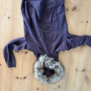 Brun hoodie med pälsfodrad huva - Säljer en brun hoodie med en mysig pälsfodrad huva. Perfekt för kyliga dagar. Den har en stor ficka framtill och långa ärmar. En skön och stilren tröja för vardagsbruk.