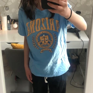 T-shirt  - Säljer en ljusblå T-shirt med ett coolt tryck och motiv på. Från New Yorker, herravdelningen. Använd under hösten/vintern 21, har de senaste åren legat i garderoben. Köparen står för frakten😇
