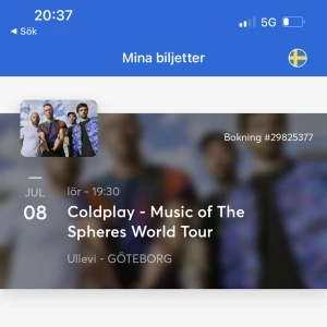 Coldplay biljett - Hej! jag säljer 2st coldplay biljetter den 8 juli i Göteborg. Det är sittplatser. Det går att köpa en biljett bara, det går att köpa separat.