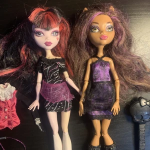 Monster High dockor - Clawdeen Wolf och Draculaura karaktärer med hårborste, hårband och Draculauras topp. Skriv till mig om ni undrar något eller vill ha flera bilder.