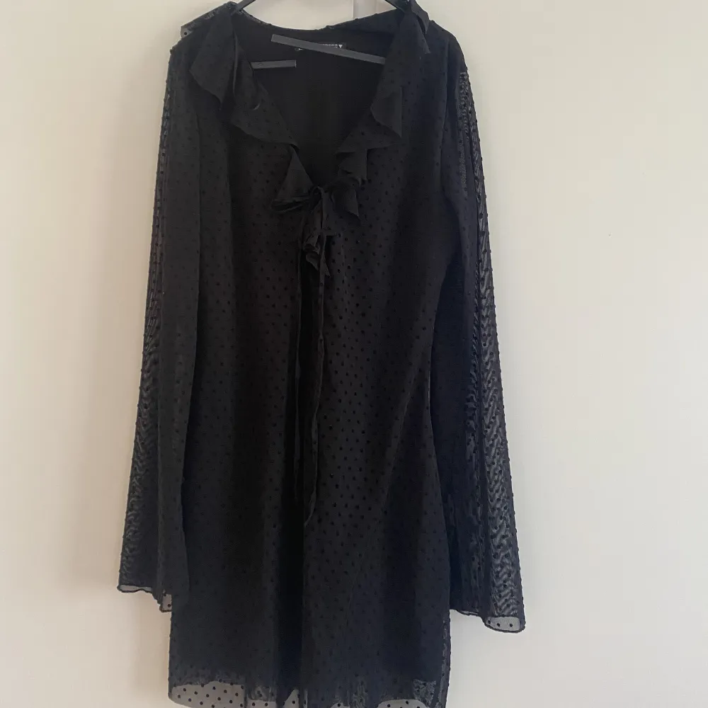 Säljer denna svarta fina klänning med mesh och svart prickar samt volanger runt kragen. Endast använd 1 gång, från zara i storlek M. . Klänningar.