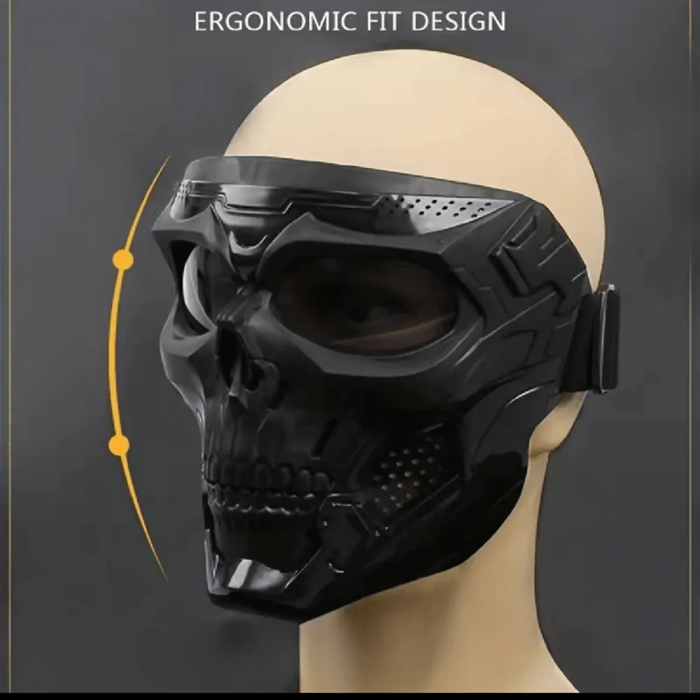 svart skelett liknande mask som funkar bra till halloween/utklädnad endast använd vid ett tillfälle . Övrigt.