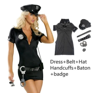 Halloween dräkt  - Polis dräkt med handbojor, bälte, klänning och hatt i stl M