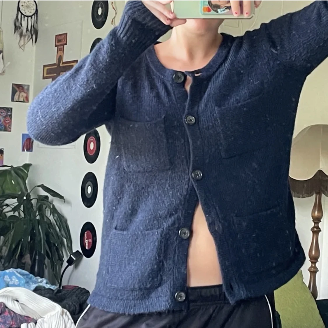 Blå stickad kofts - 90