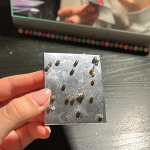 Fake piercibg - Fake piercingar som du både kan ha i öronen och i näsan De ligger på en metall bricka och sen får du med själva piercingen och en magnet att sätta bakom så att den fäster  3 gör 25kr  hela brickan (alltså alla 19) för 150kr