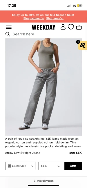 Lågmidajde grå raka jeans  - Säljer dessa jeans i modellen arrow low straight från weekday då de inte kommer till användning. Köpt i storlek 27W 30L men jag har sytt in i midjan i bak då de var förstora där, (andra bilden)  jag har s/xs. , mycket bra skick. Pris kan diskuteras 