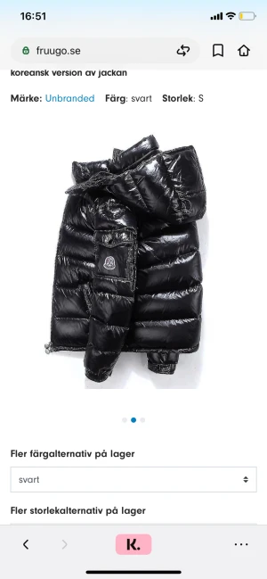Glansig dunjacka - Oanvänd jätte fin glansig dunjacka. I storlek S. Det står ”fashion” på armen. (Ej moncler) men liknar mycket. Fodrad och varm.