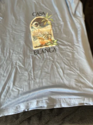 Ljusblå Casa Blanca t-shirt - Säljer en ljusblå t-shirt med tryck framtill från Casa Blanca. T-shirten har ett färgglatt motiv med palmer och texten 'Casa Blanca' på bröstet. Klassisk passform och rund halsringning. Perfekt för dig som gillar stilrena men ändå unika plagg.