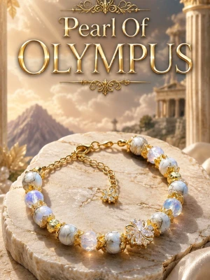 Pearl of Olympus 💫 Armband - Armband med vita pärlor med guldiga ådror, facetterade mjölkiga vita glaspärlor och guldfärgade detaljer. I mitten sitter en glittrande blomma med små stenar och en matchande blomdetalj vid låset. Justerbar kedja i guldton.