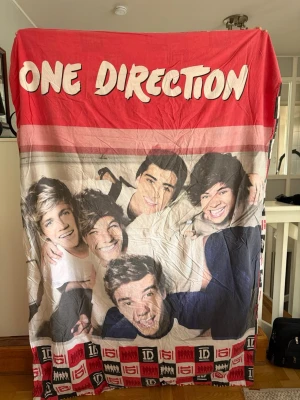 One Direction påslakan med tryck - Påslakan med färgglatt tryck av One Direction och bandets logga. Filtens färger är röd, vit, svart och beige med motiv av bandmedlemmarna. Knappt använd! 