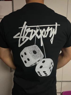 Stüssy svart T-shirt med Dice-tryck - Svart Stüssy T-shirt med stilrent tryck framtill och stort tärningsmotiv på ryggen. Snygg streetwear-design, bekväm passform och i mycket fint skick.