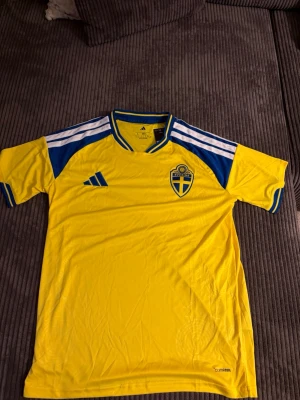 Svensk landslagströja Adidas gul L - Gul svensk landslagströja från Adidas i storlek L. Tröjan har blå detaljer, vita ränder på axlarna och det svenska fotbollsförbundets emblem på bröstet. Slim fit-modell med klassisk sportig look, perfekt för fotboll eller träning.