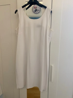 Vit ärmlös kortklänning - Stilren vit klänning med ärmlös design och rund halsringning. Klänningen är knälång och har en enkel, rak passform. Tillverkad i ett slätt tyg som ger en elegant look. Klänningen har också en dragkedja på baksidan. Perfekt för dig som gillar minimalistisk stil.                                                                                                         Är öppen för att förhandla priset🌸