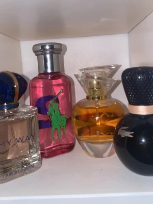 Fyra olika parfymer i snygga flaskor - Säljer fyra parfymer, En från Giorgio Armani, Ralph Lauren, Lacoste och Alani. Lacoste parfymen är 30ml och resten av dem är 50ml. Alla är typ helt fulla då jag aldrig använder dem.