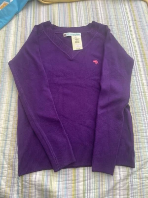 Lila stickad tröja Abercrombie & Fitch Kashmir Cahmere - Snygg lila stickad tröja från Abercrombie & Fitch med V-ringning och ribbade muddar. Tröjan har en liten rosa logga med älg broderad på bröstet. Perfekt för dig som vill ha en färgklick i garderoben.