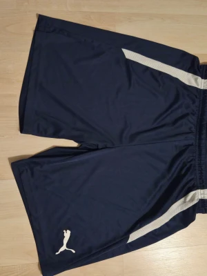 Marinblå shorts från Puma M - Säljer ett par marinblå shorts från Puma med vita detaljer längs sidorna och klassisk logga på benet. Shortsen har elastisk midja och är tillverkade i ett lätt och sportigt material som passar perfekt för träning eller chill.