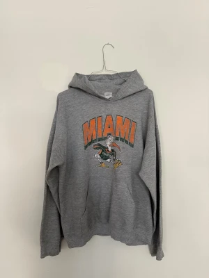 Grå hoodie med MIAMI-tryck - Vintage grå hoodie med klassiskt tryck av Sebastian the Ibis på framsidan. Hoodien har tydliga tecken på användning och slitage. Skickas eller hämtas enligt överenskommelse.
