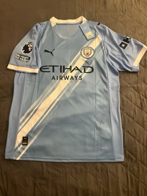 Manchester City matchtröja Puma - Snygg ljusblå Manchester City matchtröja från Puma med vita och mörkblå detaljer. Tryck med Etihad Airways på framsidan, klubbmärke och Premier League-logga på ärmen. Namn och nummer 'Cherki 10' på ryggen. Tillverkad i funktionsmaterial.