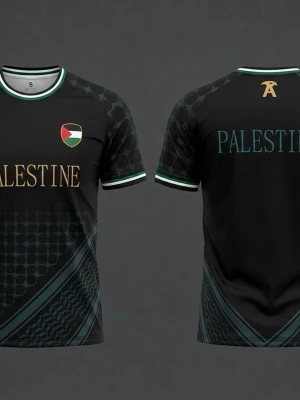 Palestine T-shirt - Palestina tröja med en national symbol för keffiyeh. Finns flera tröjor allt ifrån strl S-L. Tygen är den samma som Nike och adidas tröjor, kan tvättas varmt opåverkad och klarar av svett suveränt. Fast pris, skriv om det finns funderingar.