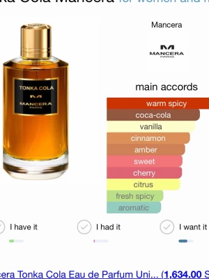 Mancera Tonka Cola Eau de Parfum sample - Mancera Tonka Cola Eau de Parfum kommer i en elegant, rund glasflaska med guldlock och etikett. Doften har noter av varm krydda, cola, vanilj, kanel, bärnsten, körsbär och citrus. Flaskan har en lyxig känsla och innehållet är bärnstensfärgat.