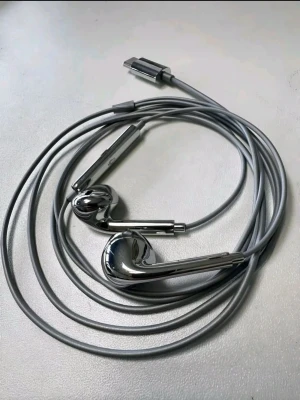 Kromfärgade trådade in-ear hörlurar - Anslut via USB-C. Perfekt för dig som vill ha stilrena hörlurar med cool look och bra ljud. Materialet är plast med metallisk yta.