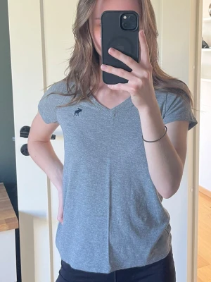 Grå v-ringad t-shirt Abercrombie - Snygg grå t-shirt från Abercrombie & Fitch med v-ringning och korta ärmar. Liten mörkblå logga broderad på bröstet. Perfekt basic-plagg i mjuk bomull som passar till allt.