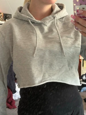 Grå croppad hoodie med huva - Säljer en ljusgrå croppad hoodie med huva och dragsnören. Hoodien har långa ärmar och en rå kant nedtill för en avslappnad vibe. Perfekt till layering eller sommar. Materialet är mjukt och skönt, troligen bomullsblandning.