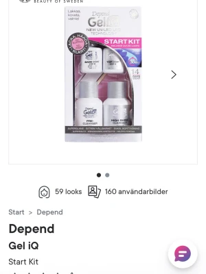 Depend Gel iQ Startkit & UV/LED-lampa - Komplett Depend Gel iQ startkit för gelnaglar, inklusive baslack, topplack, pre-cleanser, high shine cleanser, UV/LED-lampa, nagelfil och manikyrpinne. Perfekt för att fixa snygga och hållbara naglar hemma. Allt du behöver för att komma igång med gelé. Enbart användt en gång!!! Tillsammans det andra är det även en remover oil som egentligen inte ingår. Sladden till uvlampan följer inte med, men det är en vanlig USB-C sladd. ❤️❤️köpt för 499kr 
