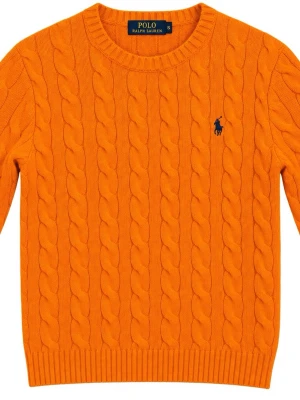 Orange kabelstickad tröja Polo Ralph Lauren - Säljer en orange kabelstickad tröja från Polo Ralph Lauren med rund halsringning och ribbade muddar. Tröjan har den klassiska broderade loggan på bröstet och är perfekt för dig som vill ha en unik och elegant färg  i garderoben.