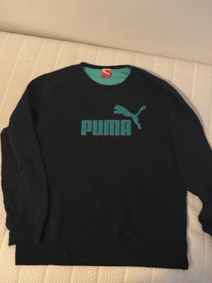 Svart sweatshirt från Puma - Säljer en svart sweatshirt från Puma med turkost logotryck på bröstet och rund halsringning. Tröjan har långa ärmar och ribbade muddar vid ärmslut och nederkant. Perfekt för dig som gillar sportig och avslappnad stil.