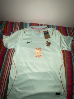 Frankrike fotbollströja Nike ljusblå - Snygg ljusblå Frankrike fotbollströja från Nike med guldiga detaljer och nummer 10 på bröstet. Tröjan har broderad tupp och två stjärnor ovanför, samt V-ringad krage med trikolor-detalj på insidan. Perfekt för match eller träning.