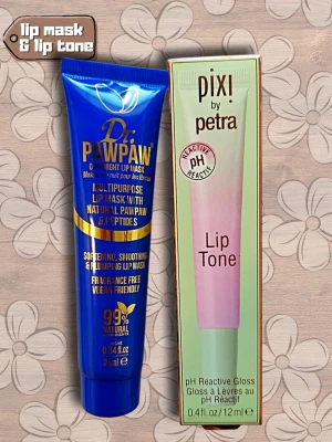 Dr. Pawpaw Lip Mask & Pixi Lip Tone - Säljer ett kit med Dr. Pawpaw multipurpose lip mask i blå tub och Pixi by Petra Lip Tone pH reactive gloss i pastellfärgad förpackning. Dr. Pawpaw-masken är vegansk och doftfri, medan Pixi-glosset ger en personlig ton beroende på pH-värde.
