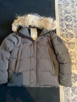 Grå dunjacka från Canada Goose - Snygg grå dunjacka från Canada Goose med avtagbar huva och fluffig fuskpäls. Jackan har två stora framfickor, diskret logga på ärmen och klassisk puffer-modell. Perfekt för kalla vinterdagar och riktigt varm.