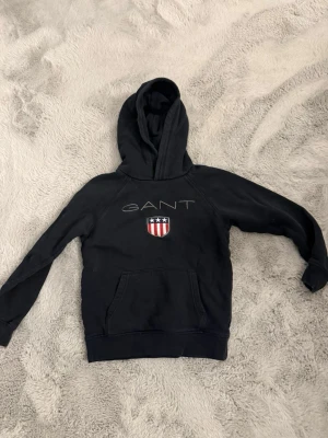 Mörkblå hoodie från GANT med logga - Snygg mörkblå hoodie från GANT med stor huva och klassisk känguruficka. På bröstet finns GANT-loggan och ett broderat märke med amerikanska flaggfärger. Tillverkad i mjukt bomullsmaterial, perfekt för en avslappnad stil.