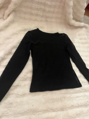 Svart mesh långärmad topp - Säljer en svart mesh topp med lång ärm och tight passform. Materialet är tunt och genomskinligt, perfekt för att styla lager på lager. Enkel och stilren design utan mönster eller detaljer.