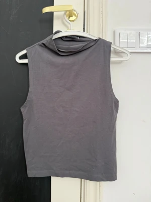 Grå ärmlös polotopp - Säljer en stilren grå polotopp i mjukt material. Toppen är ärmlös och har en hög krage som ger en clean look. Perfekt att matcha med jeans eller kjol för en enkel men snygg outfit.