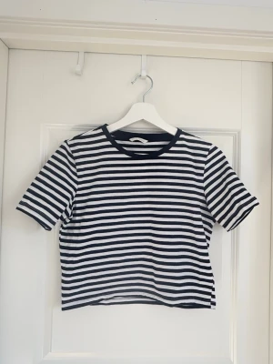 Randig t-shirt från Zara - Säljer en kortärmad t-shirt från Zara med marinblå och vita ränder. Tröjan är L men är med som en baby tee .T-shirten har en klassisk rund halsringning och är gjord i mjuk bomull. Perfekt för en avslappnad och stilren look. 