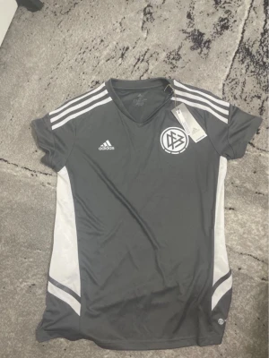 Fotbollströja - Bilderna visar en grå Adidas t-shirt med vita detaljer och tryck, men ingen sko finns med på bilderna.